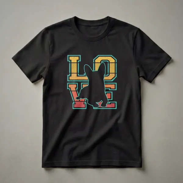 Black t-shirt featuring a retro 'LOVE' graphic with a teal outline, containing a black silhouette of a Chihuahua in the center.