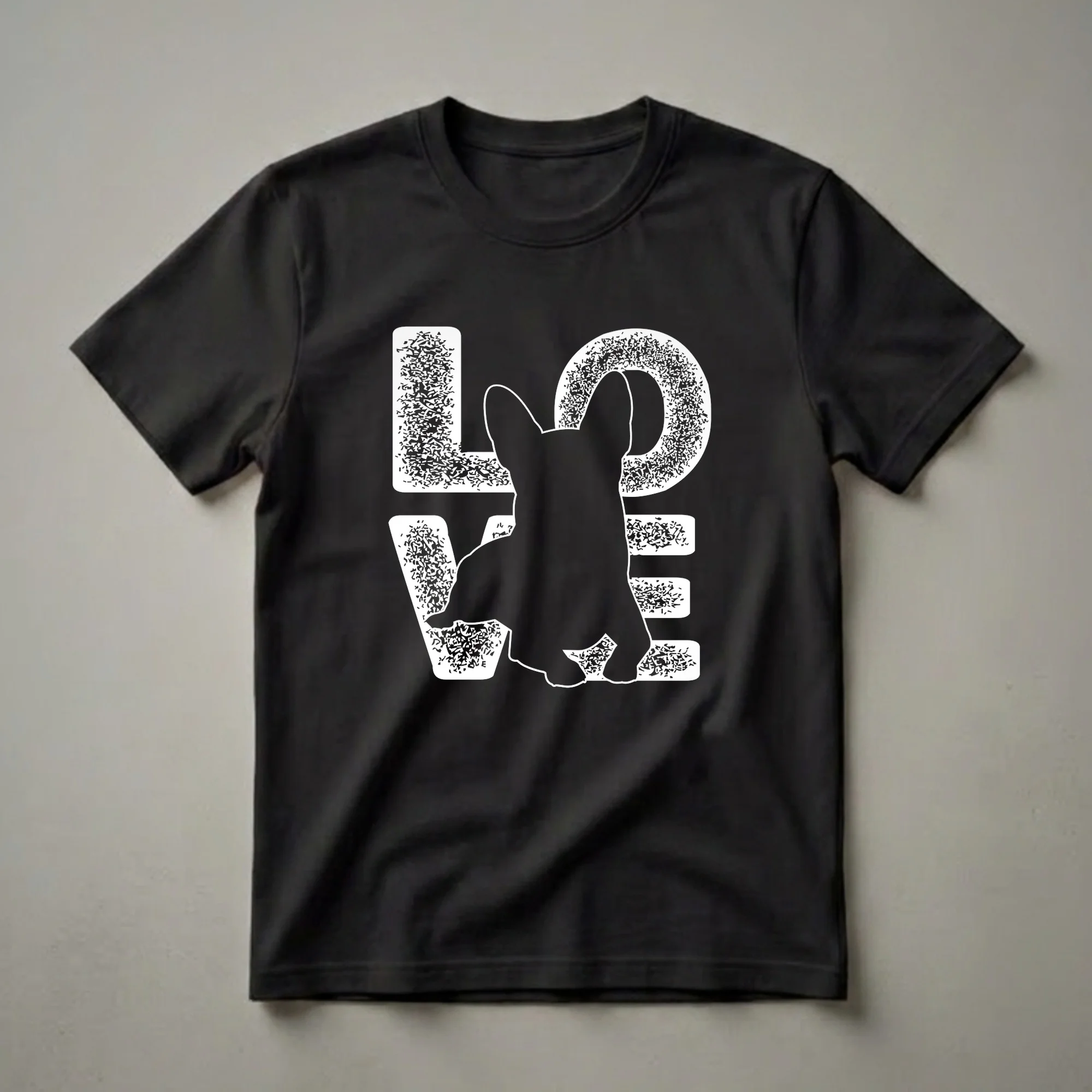 Black silhouette of a French Bulldog integrated into the word LOVE, with distressed white lettering on a black t-shirt.