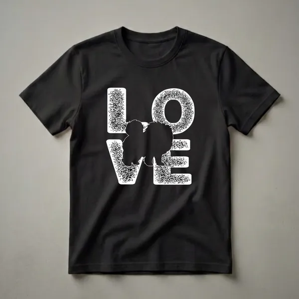 Black graphic t-shirt featuring the word 'LOVE' in a distressed white font, with a black silhouette of a Chow Chow dog placed within the letters.