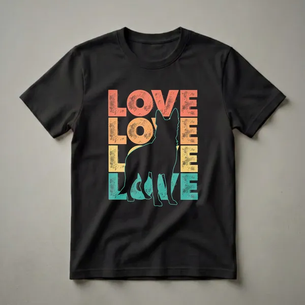 Black graphic t-shirt featuring a black silhouette of a German Shepherd dog in front of stacked, retro-colored, distressed letters spelling 'LOVE'.