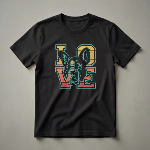 Black graphic t-shirt featuring the word LOVE in a retro sunset design with a French Bulldog's head in the center, outlined in teal.