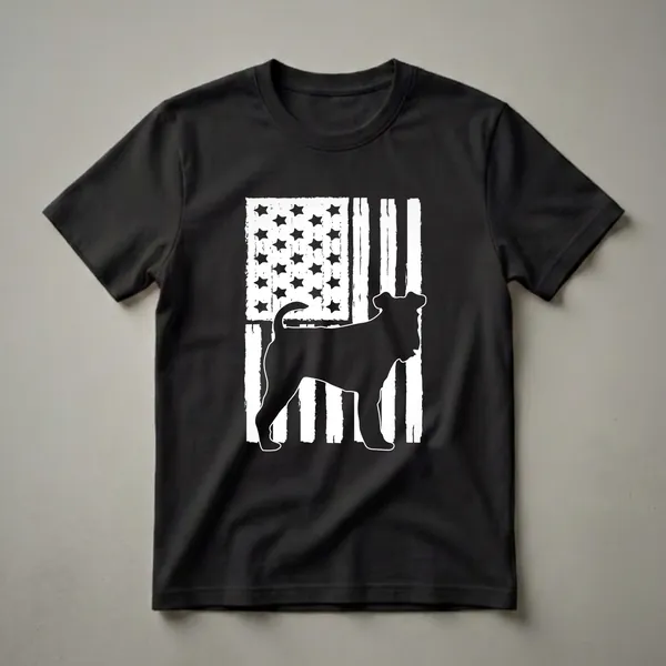 Black t-shirt featuring a black silhouette of a Fox Terrier dog standing in front of a distressed white and black American flag graphic.