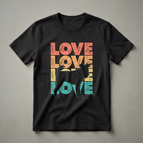 Black t-shirt with a retro graphic design. The word 'LOVE' is stacked vertically in distressed coral, orange, yellow, and teal letters. A black silhouette of a Fox Terrier stands in the center of the design.