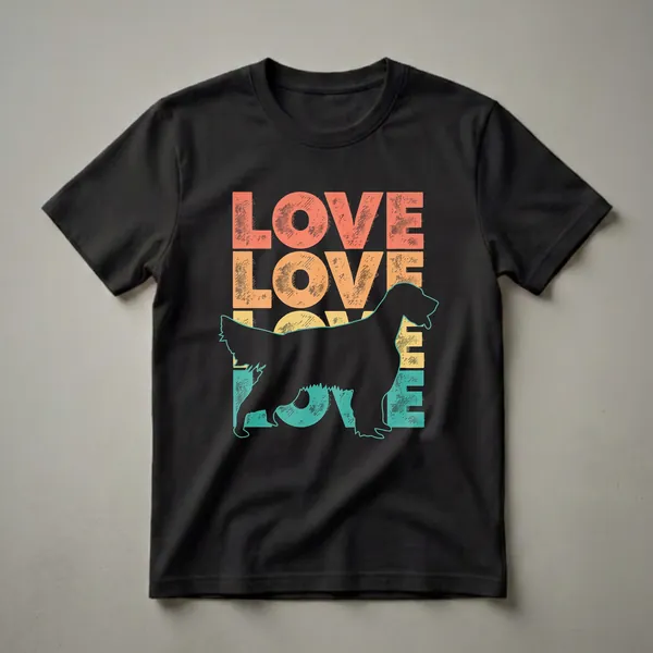 Black t-shirt with a retro design featuring the word 'LOVE' in stacked, distressed coral, orange, and teal blocks, with a black silhouette of an English Setter dog.