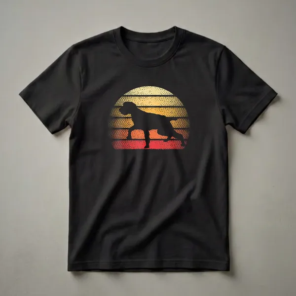 Black silhouette of a German Wirehaired Pointer dog in a retro sunset design with yellow, orange, and red horizontal stripes and a distressed texture, on a black t-shirt.