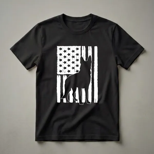 Black silhouette of a German Shepherd dog standing in front of a distressed white and black American flag, on a black t-shirt.