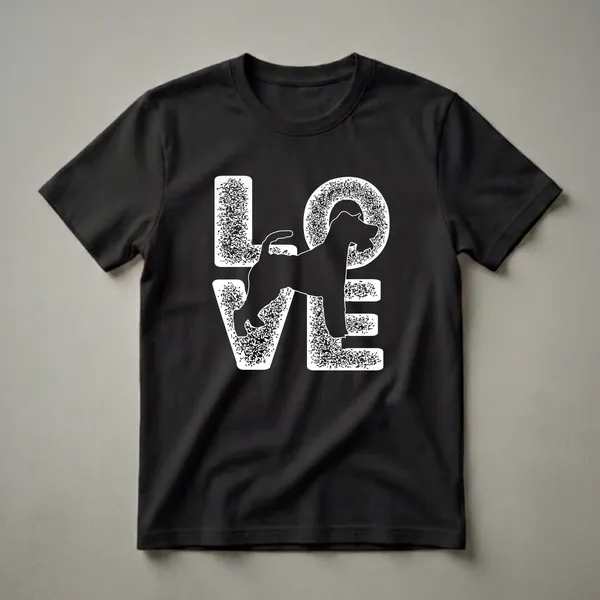 Black graphic t-shirt featuring the word 'LOVE' with a white silhouette of a Fox Terrier dog replacing the 'O', all filled with a distressed texture.