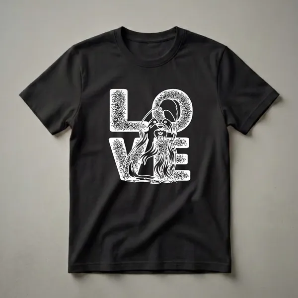 White graphic design of the word LOVE with a Havanese dog's face and body integrated into the letter O, on a black background.