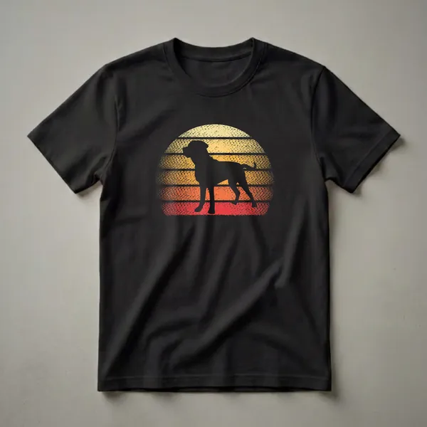Black silhouette of a Greater Swiss Mountain Dog against a retro sunset with yellow, orange, and red horizontal stripes, on a black t-shirt.