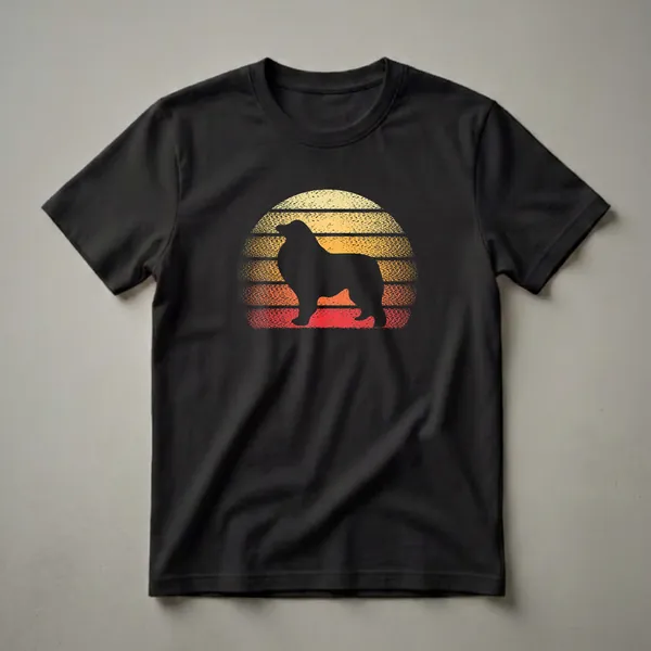 Black silhouette of a Great Pyrenees dog standing against a retro sunset with horizontal stripes of yellow, orange, and red, on a black t-shirt.