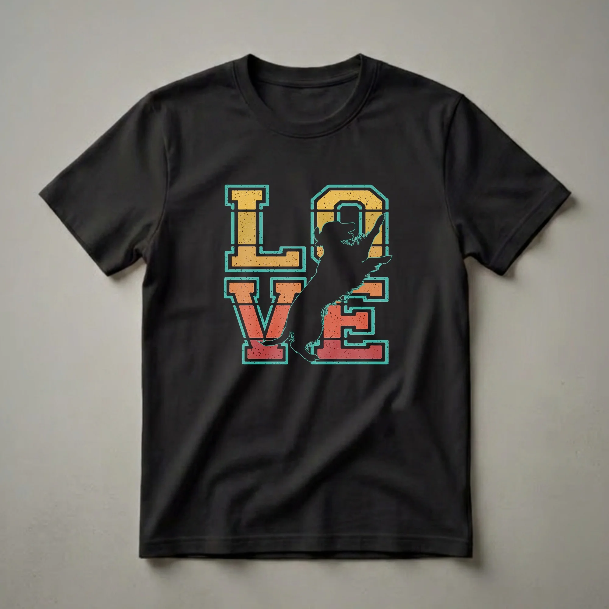 Black t-shirt with a retro graphic design spelling out 'LOVE' with a silhouette of an Irish Red and White Setter dog jumping within the letter 'O'.