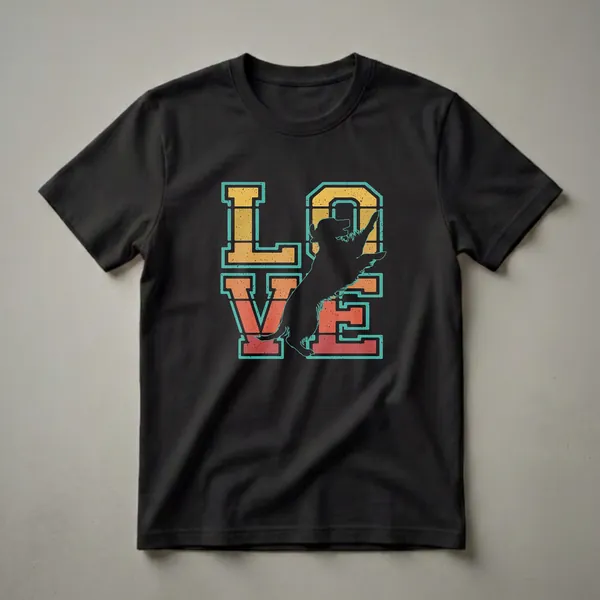 Black t-shirt with a retro graphic design spelling out 'LOVE' with a silhouette of an Irish Red and White Setter dog jumping within the letter 'O'.