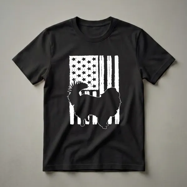 Black silhouette of a Japanese Chin dog standing in front of a distressed white and black American flag, on a black t-shirt.