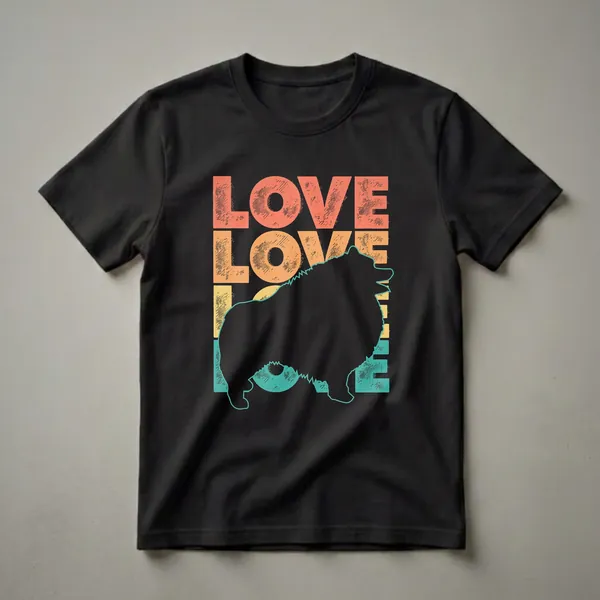 Black graphic t-shirt with the word 'LOVE' in retro coral, orange, and yellow colors stacked vertically, and a black silhouette of a Keeshond dog.