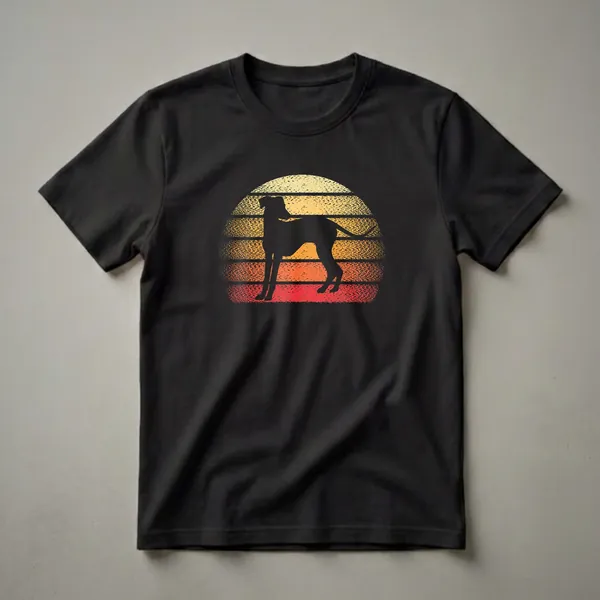 Black silhouette of an Italian Greyhound dog standing against a retro sunset with yellow, orange, and red distressed horizontal stripes, on a black t-shirt.