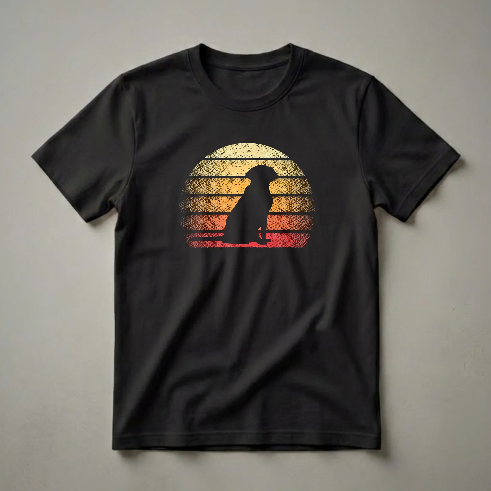 Black silhouette of a sitting Labrador Retriever against a retro sunset with horizontal stripes in yellow, orange, and red, on a black t-shirt.