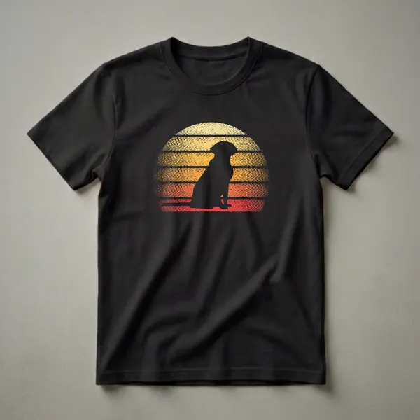 Black silhouette of a sitting Labrador Retriever against a retro sunset with horizontal stripes in yellow, orange, and red, on a black t-shirt.