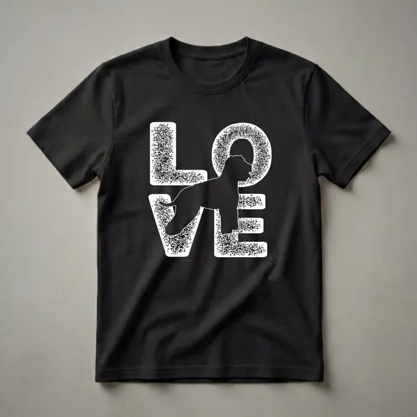 Black t-shirt with a white graphic design that spells out 'LOVE' with a silhouette of a Lagotto Romagnolo dog in place of the 'O', featuring a distressed texture.