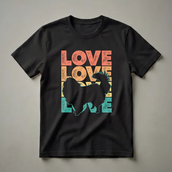 Black t-shirt with a retro graphic design featuring the word 'LOVE' in coral, orange, and teal stripes, and a black silhouette of a Japanese Chin dog.