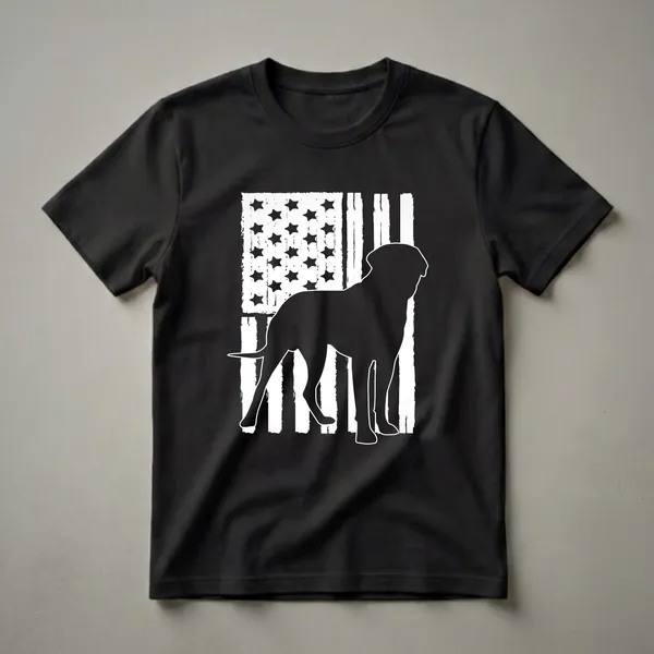 Black silhouette of an English Mastiff dog standing in front of a distressed white and black American flag graphic.