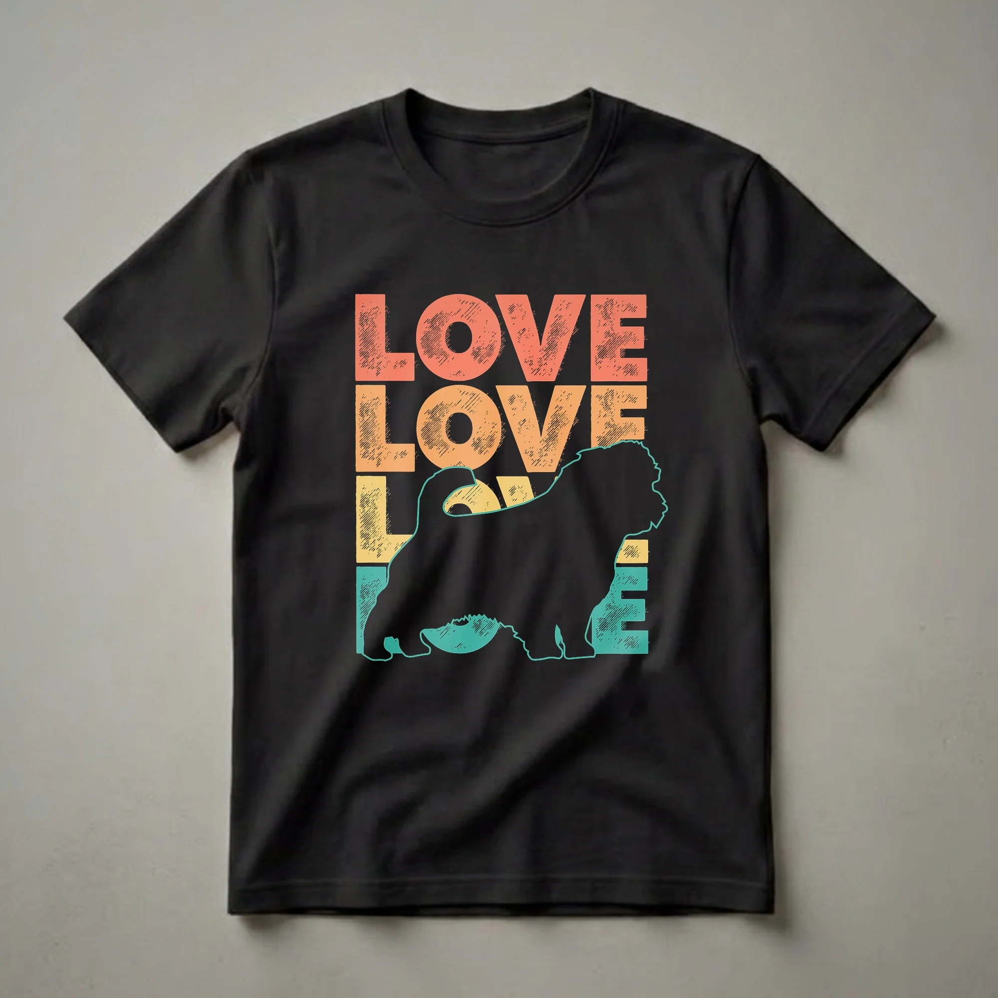 Black graphic t-shirt with a silhouette of a Norfolk Terrier dog and distressed text reading 'LOVE' in coral, orange, and teal.