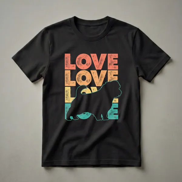 Black graphic t-shirt with a silhouette of a Norfolk Terrier dog and distressed text reading 'LOVE' in coral, orange, and teal.
