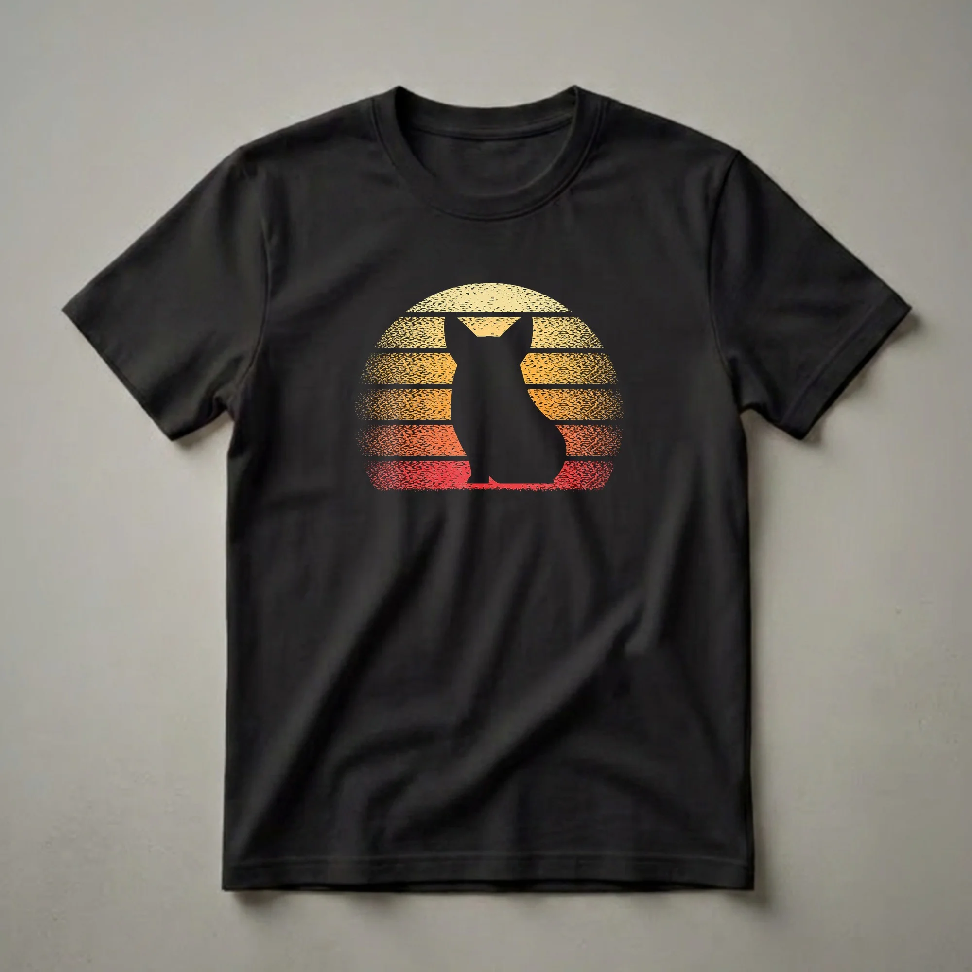 Black silhouette of a Pembroke Welsh Corgi sitting in front of a retro sunset with distressed horizontal stripes in yellow, orange, and red, on a black t-shirt.
