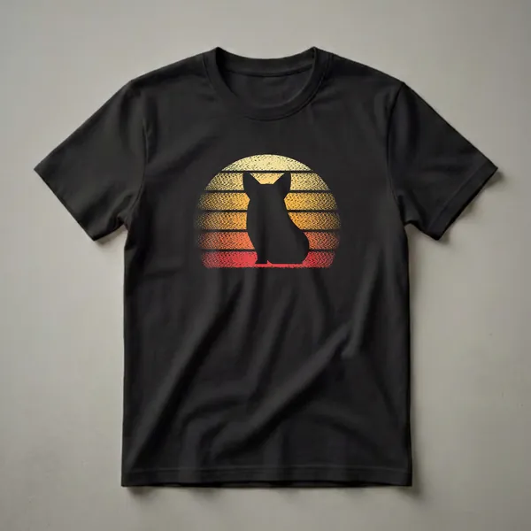Black silhouette of a Pembroke Welsh Corgi sitting in front of a retro sunset with distressed horizontal stripes in yellow, orange, and red, on a black t-shirt.