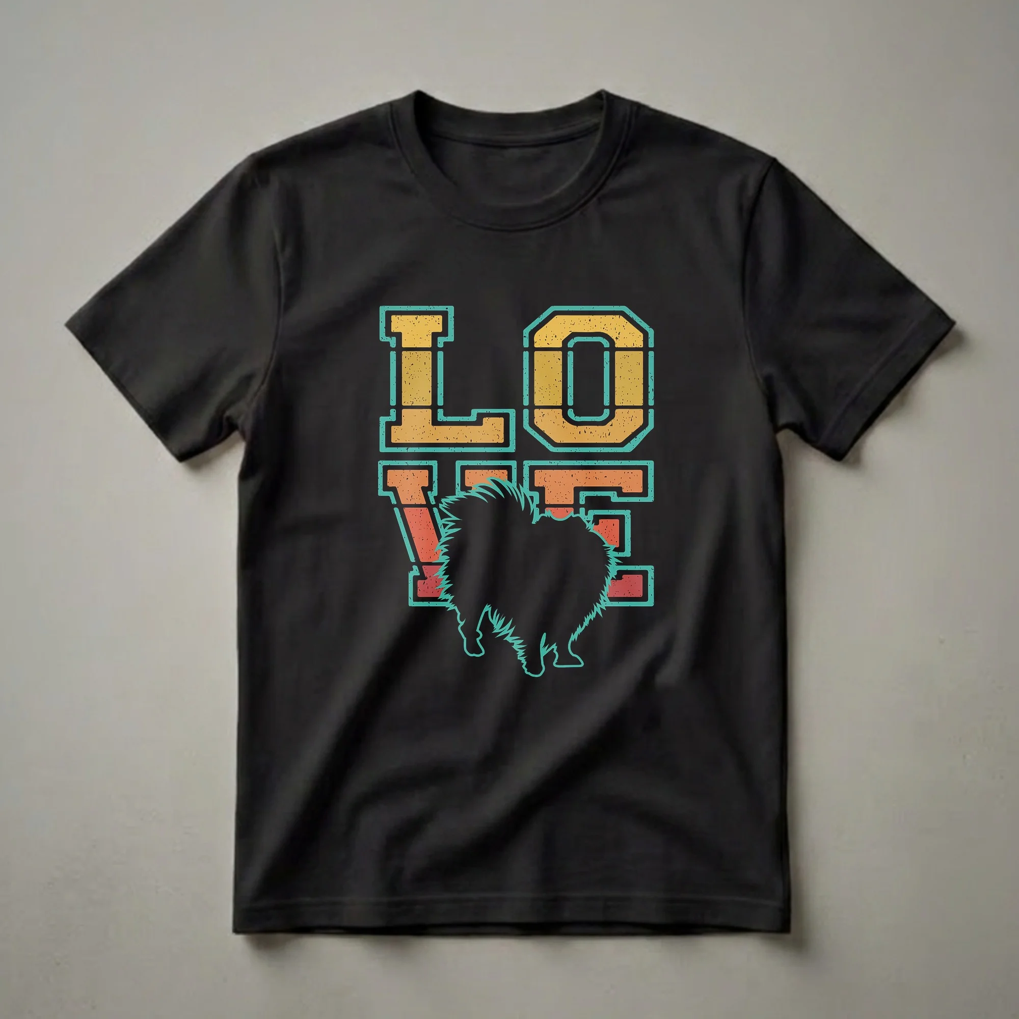 Black t-shirt featuring the word 'LOVE' in retro sunset colors with a black Pomeranian silhouette replacing the letter 'O'.