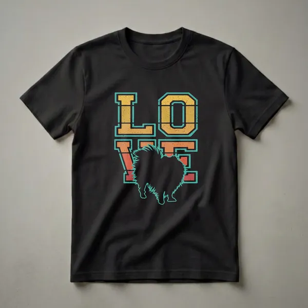 Black t-shirt featuring the word 'LOVE' in retro sunset colors with a black Pomeranian silhouette replacing the letter 'O'.