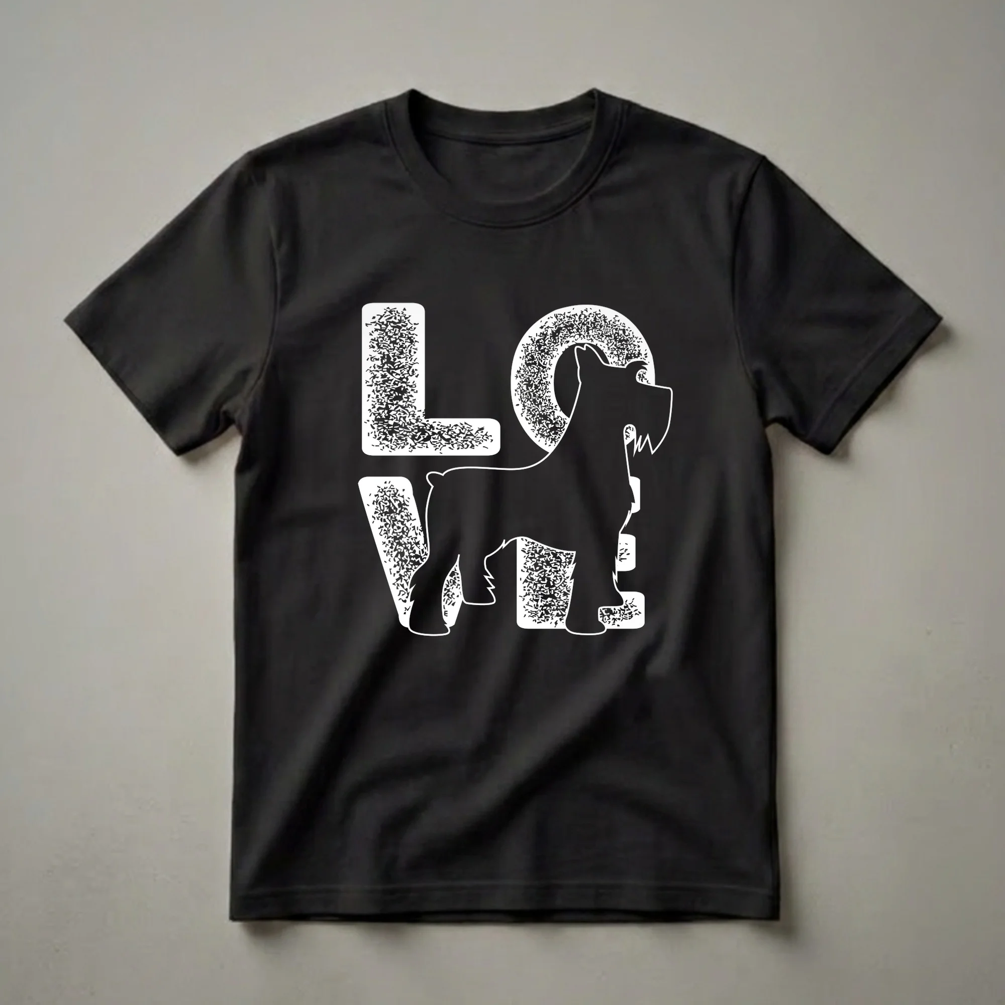 Black t-shirt with a white graphic that spells out 'LOVE' with a silhouette of a Miniature Schnauzer replacing the 'V', featuring a distressed texture.