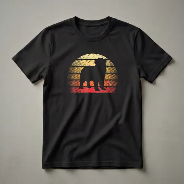 Black silhouette of a Newfoundland dog against a retro sunset with yellow, orange, and red stripes, on a black t-shirt.