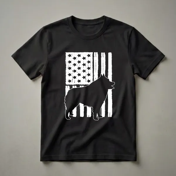 Black graphic t-shirt featuring a Schipperke dog silhouette in front of a distressed American flag with white stars and stripes.