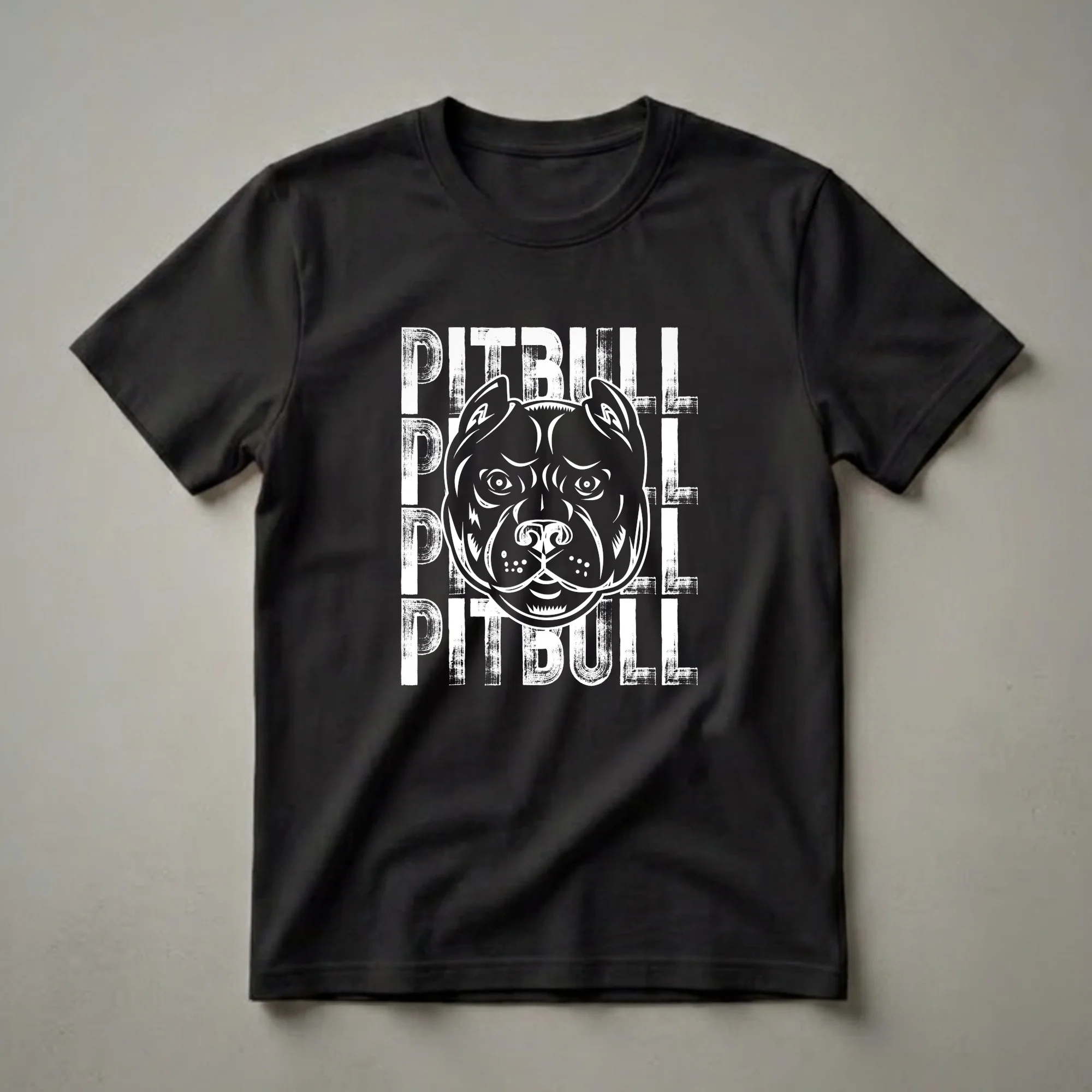 Black t-shirt with a white graphic of an American Pit Bull Terrier head and the word PITBULL repeated vertically in distressed white lettering.