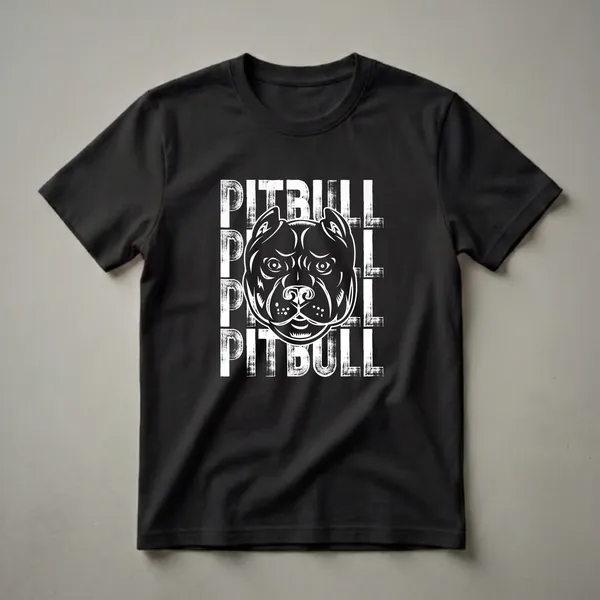 Black t-shirt with a white graphic of an American Pit Bull Terrier head and the word PITBULL repeated vertically in distressed white lettering.