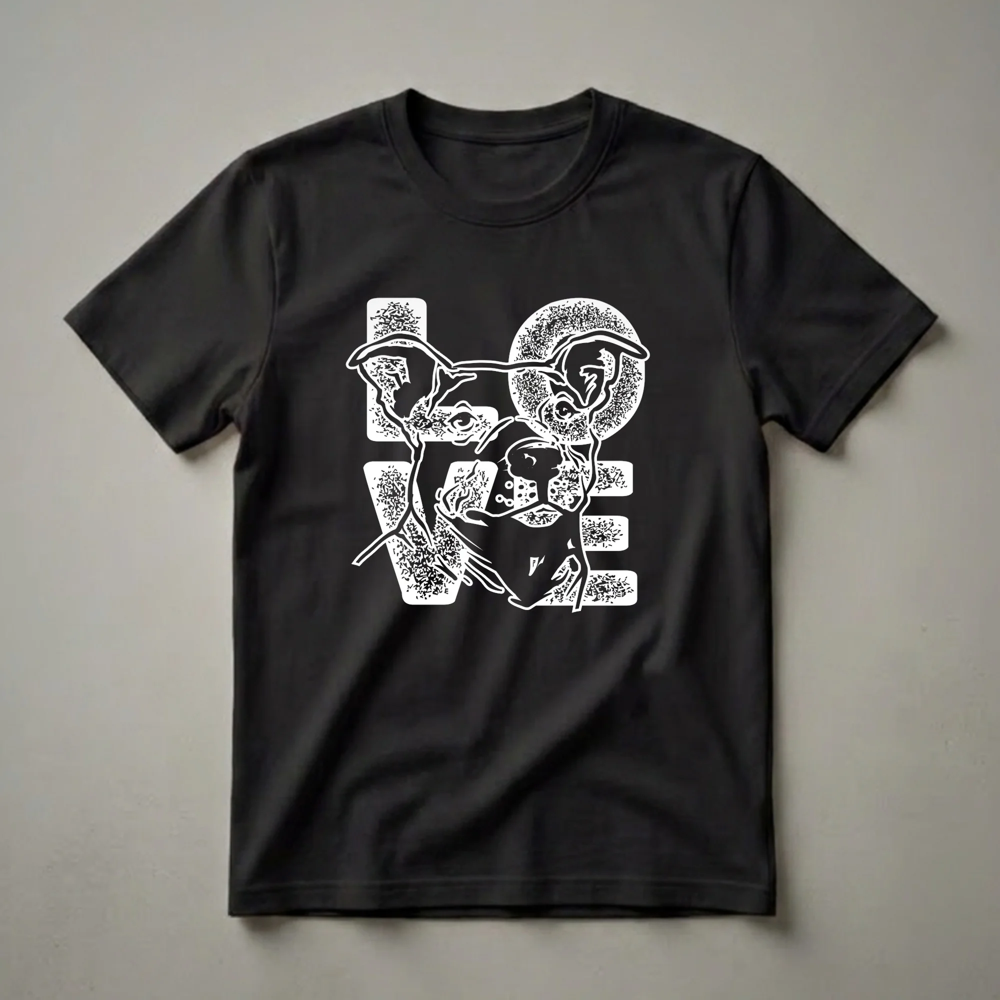 Black t-shirt with a white graphic design of an American Pit Bull Terrier's head superimposed over the word LOVE.