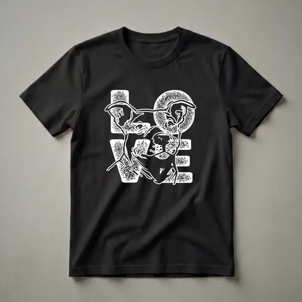 Black t-shirt with a white graphic design of an American Pit Bull Terrier's head superimposed over the word LOVE.
