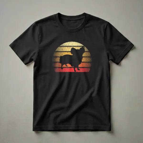 Black Papillon dog silhouette against a retro sunset with yellow, orange, and red distressed stripes, printed on a black t-shirt.
