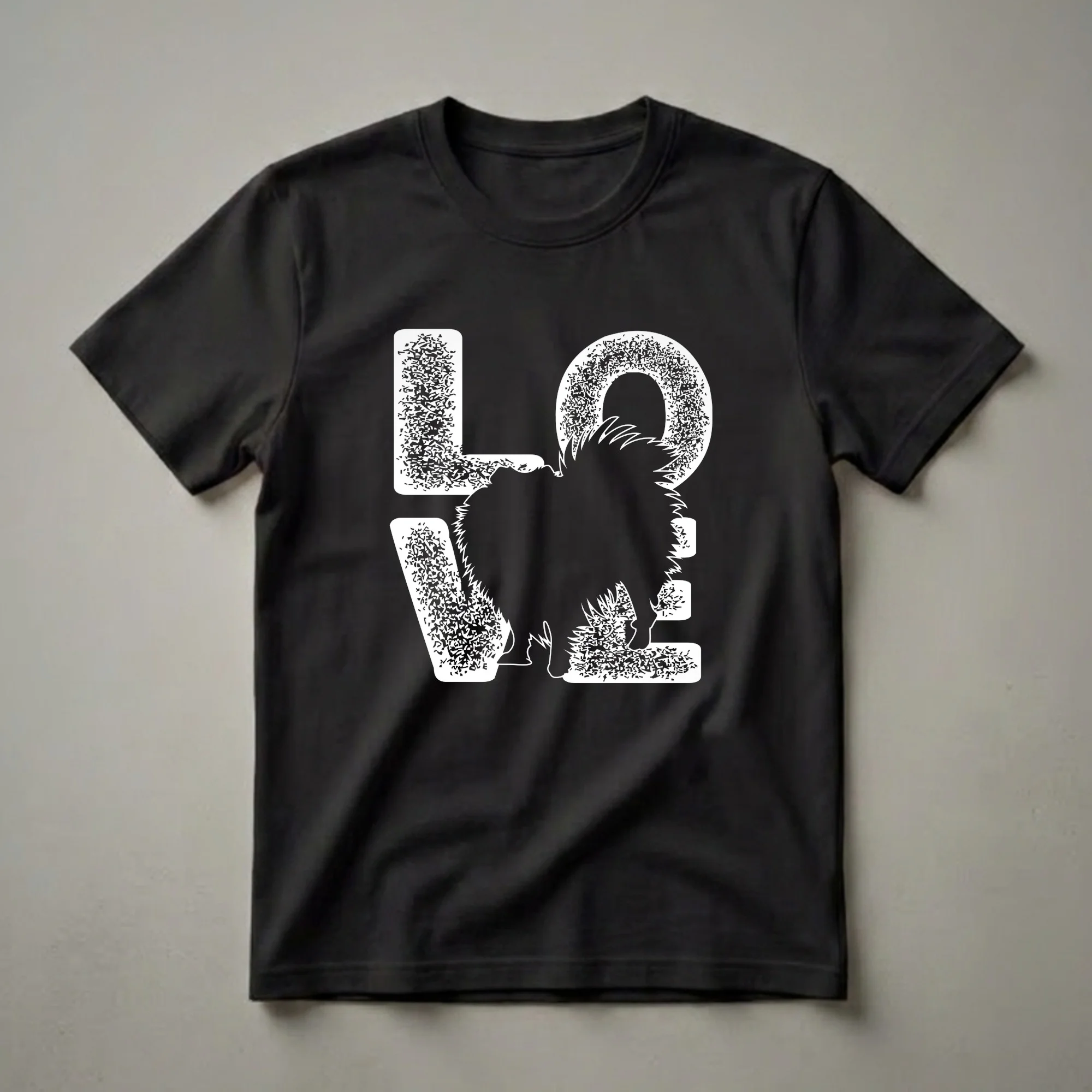 Black t-shirt with a white graphic design that spells out 'LOVE', with the 'O' replaced by the silhouette of a fluffy Pomeranian dog.