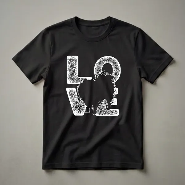 Black t-shirt with a white graphic design that spells out 'LOVE', with the 'O' replaced by the silhouette of a fluffy Pomeranian dog.