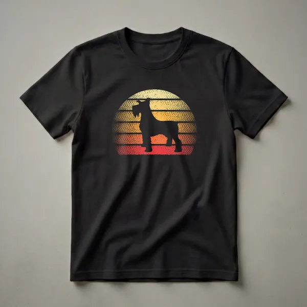 Black silhouette of a Miniature Schnauzer dog against a retro sunset with horizontal stripes in yellow, orange, and red, on a black t-shirt.