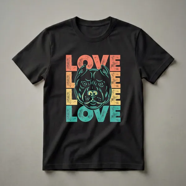 Black t-shirt featuring a retro design with the word LOVE stacked vertically and a distressed illustration of an American Pit Bull Terrier's head in coral, orange, and teal.