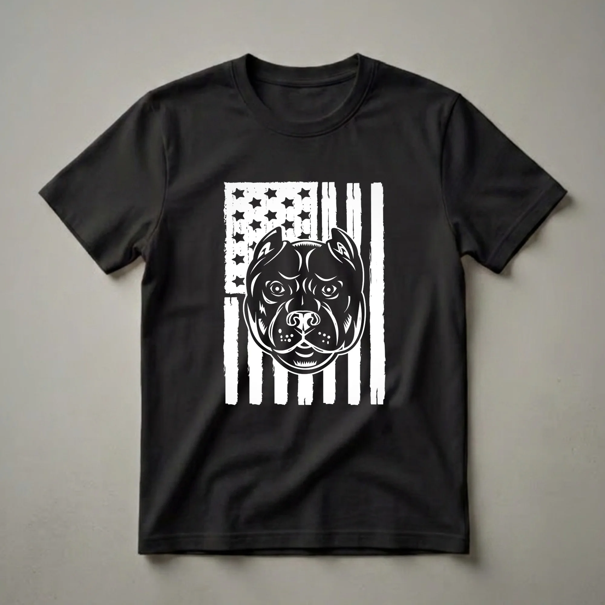 Black and white graphic t-shirt featuring the head of an American Pit Bull Terrier superimposed over a distressed American flag design.