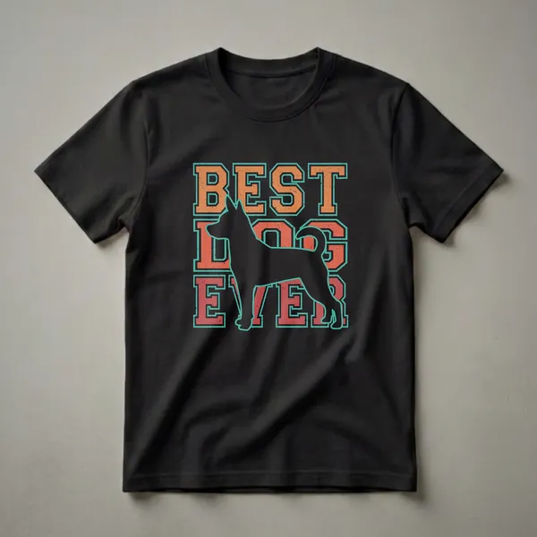 Black silhouette of a Rat Terrier dog in front of distressed orange and teal 'BEST DOG EVER' lettering on a black t-shirt.