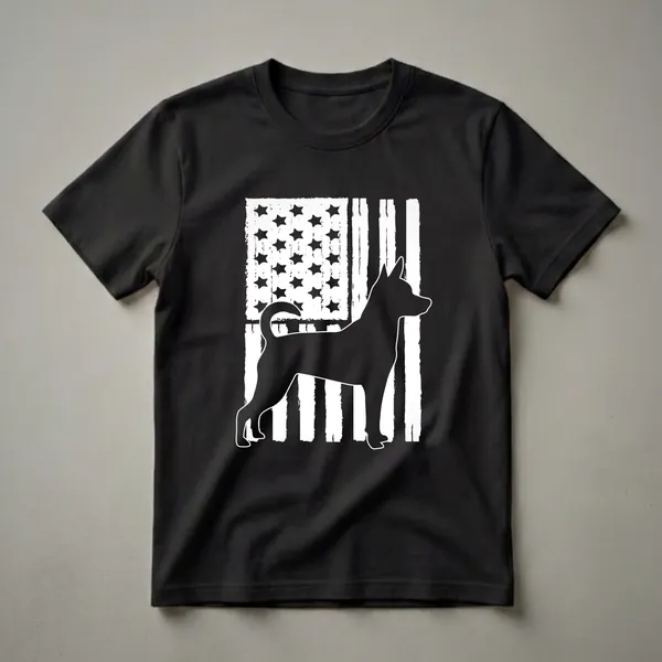 Black silhouette of a Rat Terrier dog standing in front of a distressed white and black American flag, on a black t-shirt.