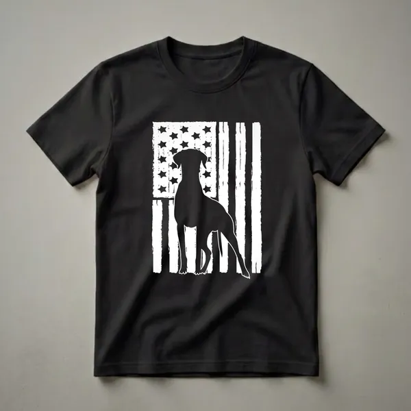 Black silhouette of a Pointer dog standing in front of a distressed white and black American flag, printed on a black t-shirt.