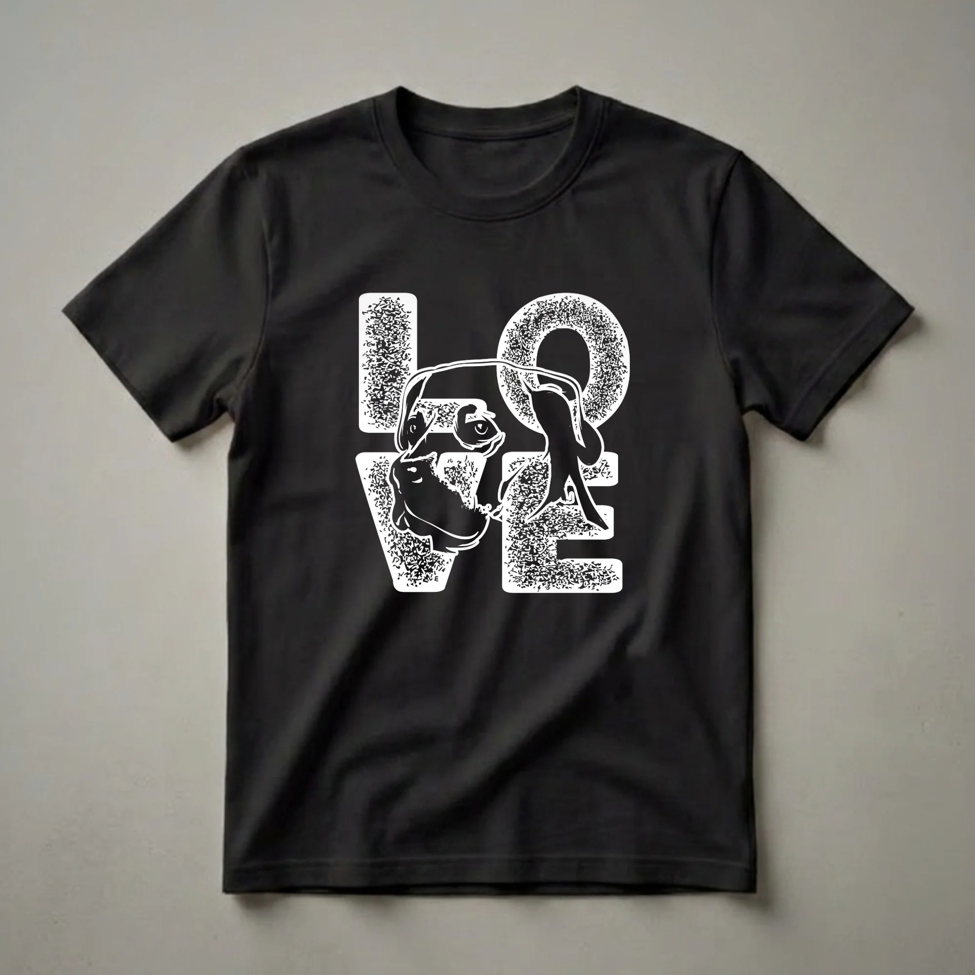 Black and white graphic t-shirt featuring the word LOVE with a Labrador Retriever's head replacing the letter O, designed for dog lovers.