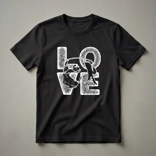 Black and white graphic t-shirt featuring the word LOVE with a Labrador Retriever's head replacing the letter O, designed for dog lovers.