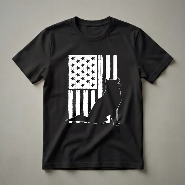 Black graphic t-shirt featuring a silhouette of a Siberian Husky sitting in front of a distressed American flag with white stars and stripes.