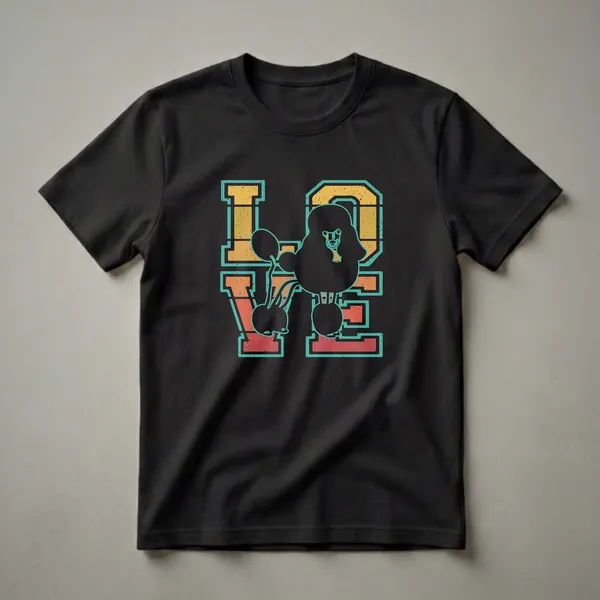 Black t-shirt featuring the word LOVE in a retro, distressed font with a poodle silhouette replacing the letter O, using sunset colors like orange, yellow, and teal.